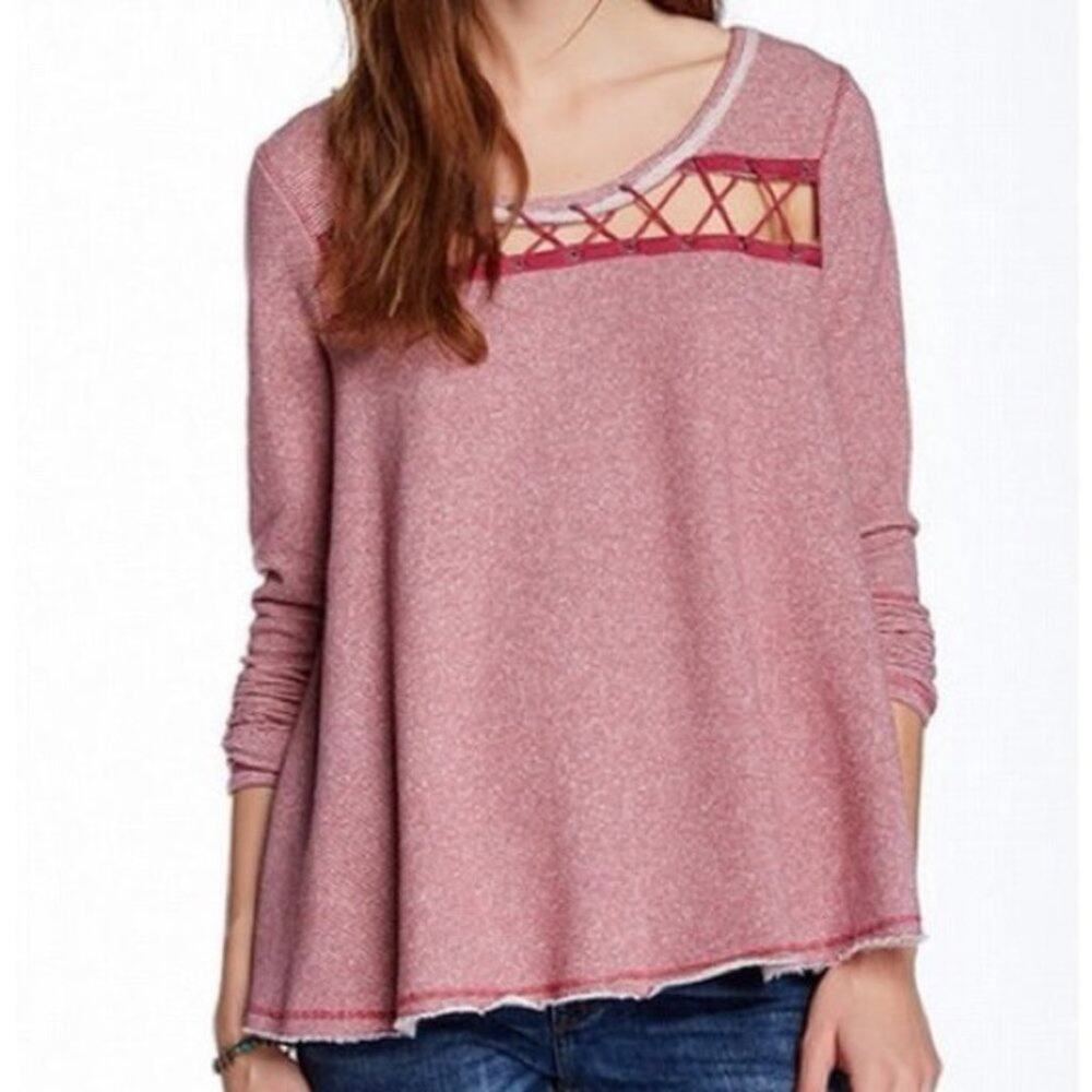 Free People French Terry Striped Sweatshirt Pink White Size Small